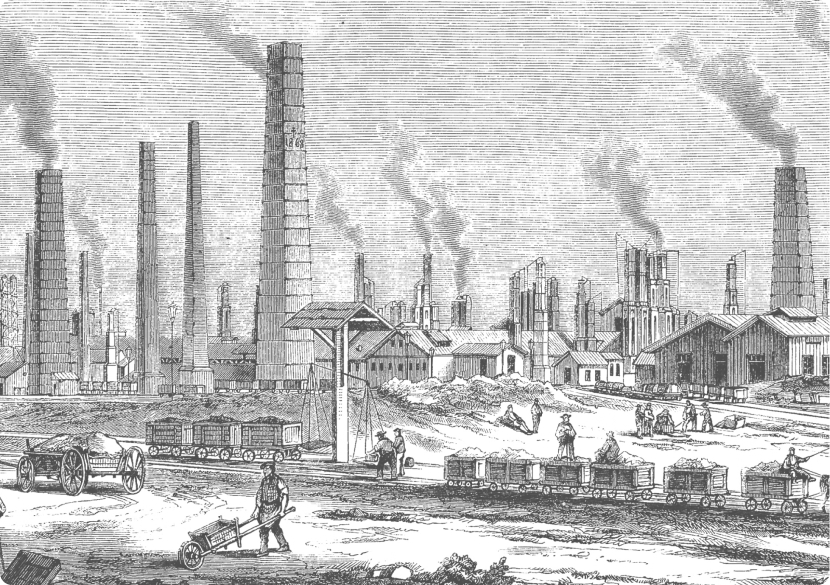 Illustration of factories at the beginning of the industrial revolution