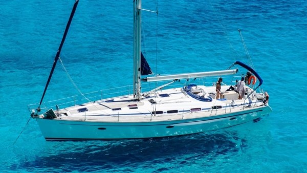Aerial view of the deck of a sailboat in Caribbean waters